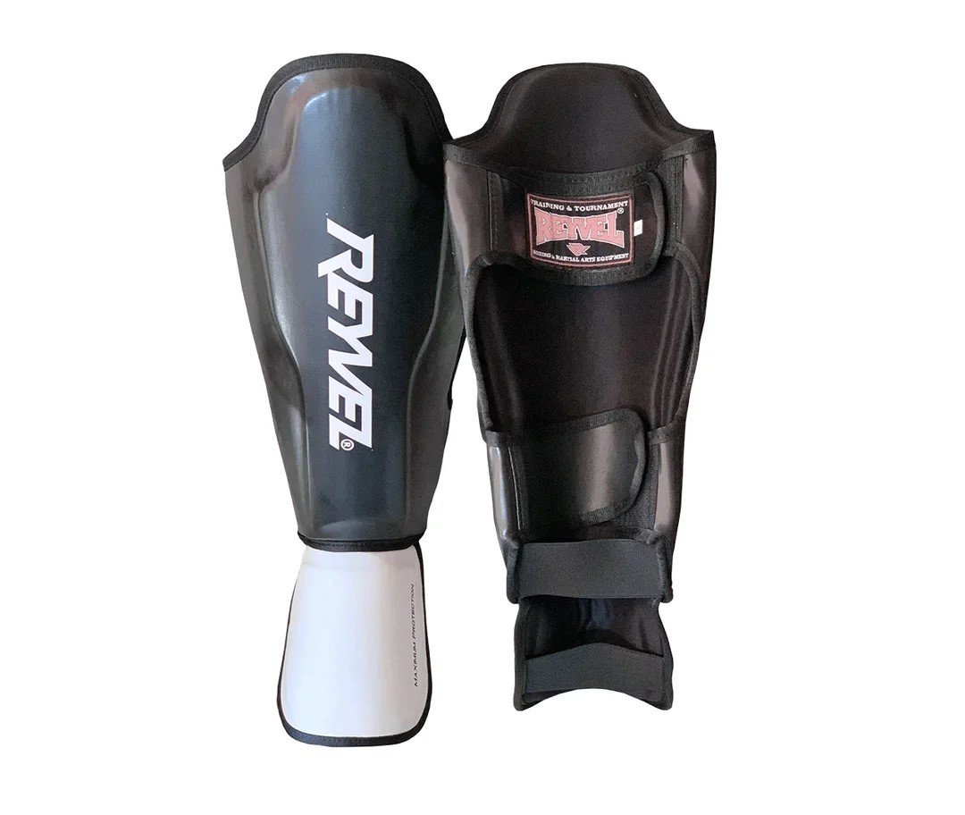 Защита голень-стопа REYVEL Муай тай черно-белая